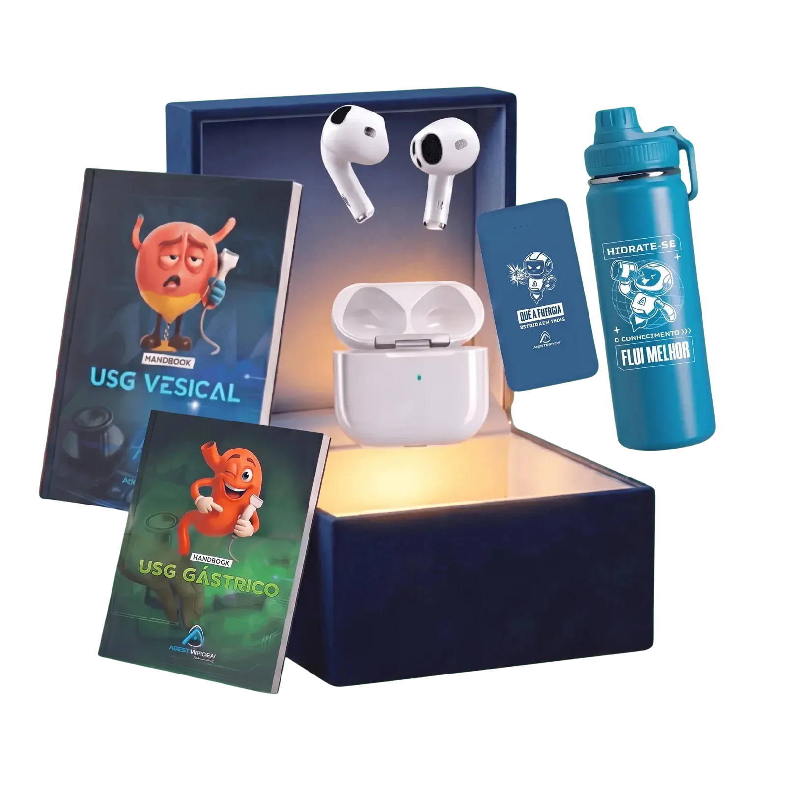 Anest-Box aberta com AirPods 4, handbooks, power-bank e garrafa térmica